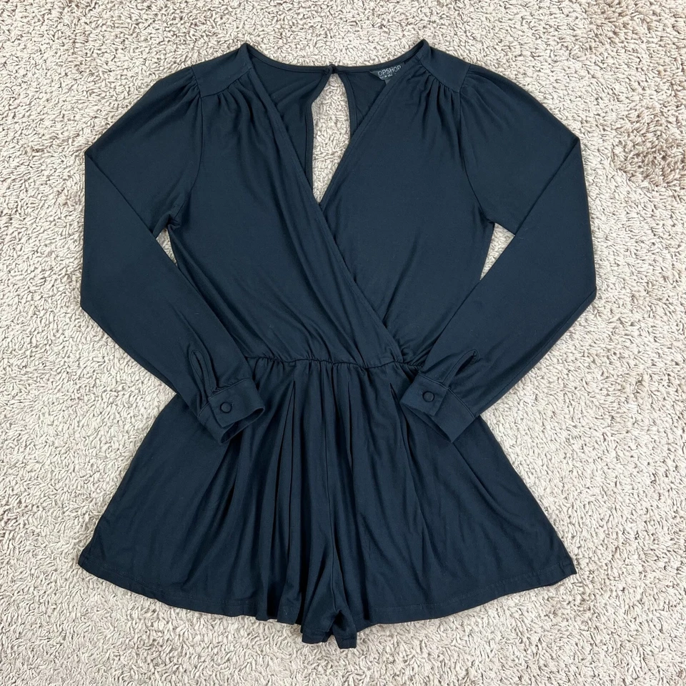 TOPSHOP Pantalones Cortos Negros Manga Larga Cuello en V Mameluco Mujer 2 Recortes Cerradura Espalda Foto 1 de 4