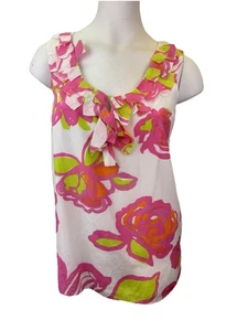Lilly Pulitzer Floral Patch Ruffle V-Neck Cotton Lined Top S Silk - Bild 1 von 7