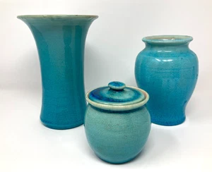 Pisgah Forest Art Pottery Vases Lidded Jar Turquoise Blue Set of 3 Excellent - Picture 1 of 17