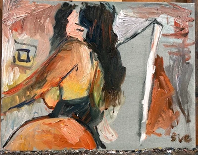 Boudoir Figure Fauvist Cubism Interior Oil Painting 18x14 Canvas Original Signed - Image 1 of 2