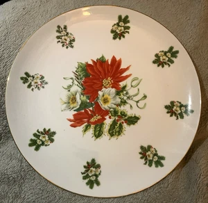 Christmas Poinsettia and Pine boughs Gold Trimmed Serving Platter 12" in - Picture 1 of 13