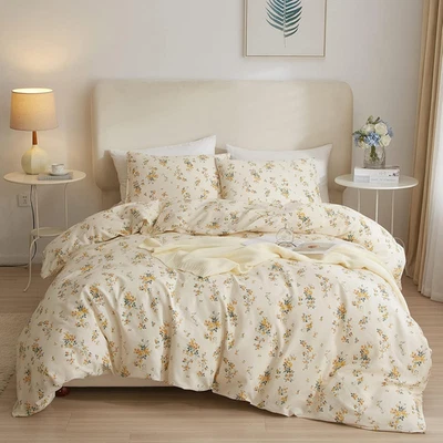 Yellow Floral Duvet Cover Queen 3 Pieces Cotton Girls Cottagecore Bedding Set,Ro - Image 1 of 4