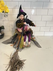 Vintage-Halloween 22” Poseable Shelf Sitter Witch Doll Decor w/ Broom Wart - Picture 1 of 12