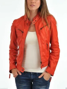 Leather Jacket Womens Size Biker Orange Motorcycle Lambskin Women's Coat Moto 3 - Picture 1 of 5