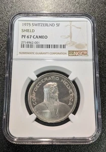 1975 PF67 Cameo Switzerland 5 Francs KM 40a.1 Helvetica NGC Proof Shield - Picture 1 of 2