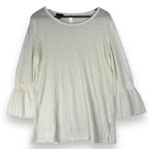 Talbots White 100% Linen Bell Sleeve Knit Top Blouse Side Slits Boho Beach M - Picture 1 of 11