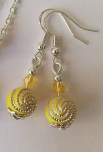 Drop / Dangle Earrings - Yellow Swirl & Crystal - Silver Plated - Picture 1 of 3