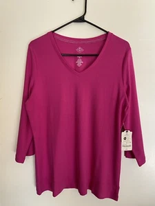 St. John’s Bay V Neck~3/4 Sleeve~Cotton Top/Tee~Fuchsia Pink~Size Large~NWT - Picture 1 of 3