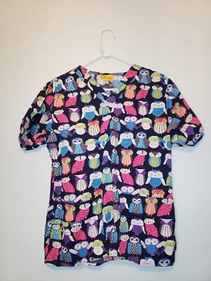 Винтажный WonderWink женщин S многоцветный милый сова скраб Топ V шеи короткий рукав хлопок - Изображение 1 из 4