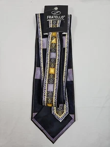 Fratello Mens Neck Tie 56 x 3.75 Blue Gold Hand Made Korea Geometric Egyptian - Picture 1 of 3