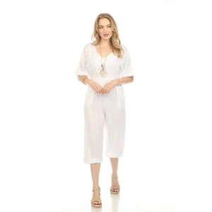 White Half Sleeves Elastic Waist Jumpsuit - Picture 1 of 6