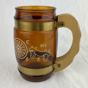 Vintage Siesta Ware Amber Brown Western Wheel Barrel Glass Wood Handle Beer Mug - Picture 1 of 7
