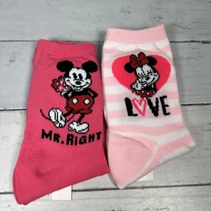 Disney Mickey Mouse Minnie Mr. Right Valentines Crew Socks 2 Pk Size 4-10 NWOT - Picture 1 of 8