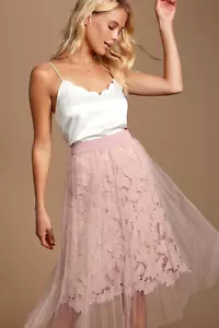 Lulus Tulle Overlay Lace Blush Pink Enchante Mauve Skirt - Picture 1 of 6