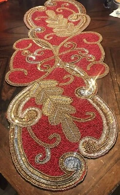 装饰性节日手工串珠桌旗 - 栗色金色银色 - 全新 — 第 1/4 张图片