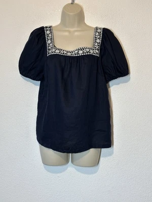 Boden Square Neck Short Sleeve Embroidered Linen Top Navy Blue Sz 6 Boho - Image 1 of 4