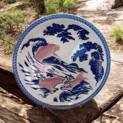 Vtg Large 12.5” Japanese Hand Painted Blue & White Plate, Red Koi Bonzi - Image 1 of 4