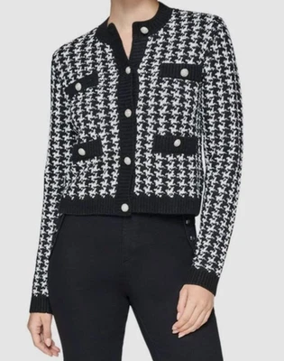 Karl Lagerfeld 女式千鸟格开衫毛衣 - 大号 - 黑色 — 第 1/4 张图片