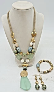 CHICOS GOLD TONE, TURQUOISE, WHITE DOUBLE STRAND NECKLACE, BRACELET, EARRINGS - Picture 1 of 20