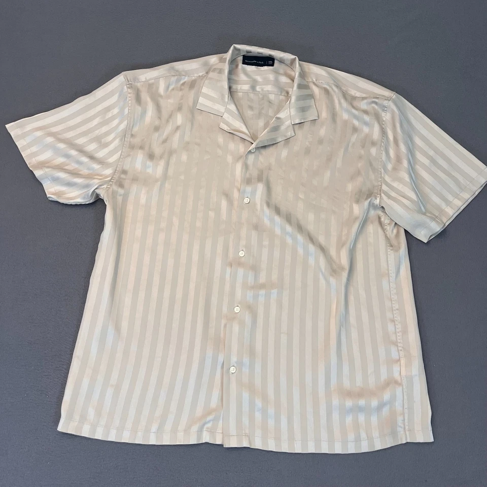 Abercrombie & Fitch A&F Mens 2XL Short Sleeve Ivory Satin Button Up Striped - Image 1 of 4