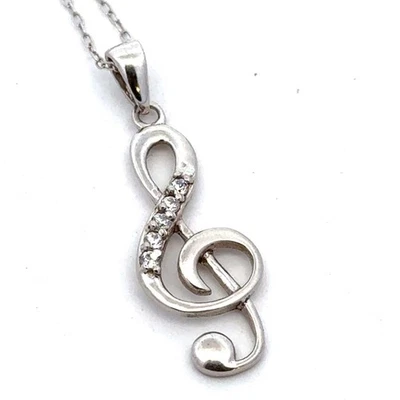 Estate 925 Sterling Silver White Cubic Zirconia Treble Clef Music Note Necklace - Image 1 of 4