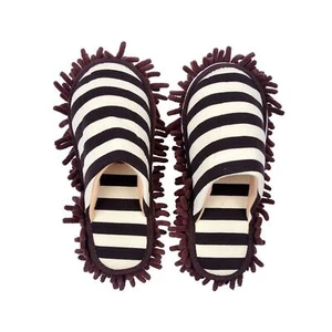 Washable Dust Mop House Slippers Striped Toe Coffee Chenille Fibre Detachable - Picture 1 of 7