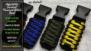 20 22 mm Black Green Red Yellow Blue Adjustable Survival Paracord Watch Band - Picture 1 of 10