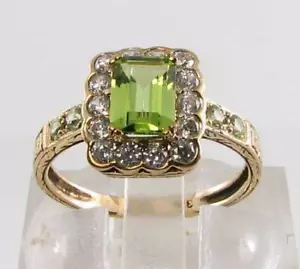 LUSH 9CT 9K GOLD PERIDOT DIAMOND CLUSTER ART DECO INS RING FREE RESIZE - Picture 1 of 5