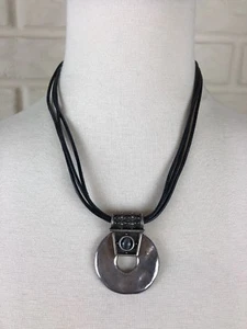 17-20" Long CHICOS Black Leather 3-Strand Silver Tone Pendant Necklace Signed - Picture 1 of 9