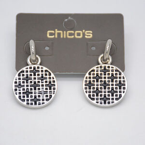 Chicos jewelry textured silver tone black enamel circle drop hoop dangle earring