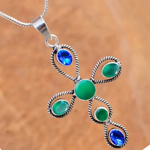 Green Onyx & Tanzanite Gemstone Cross 925 Sterling Silver Best Wishes Jewelry - Picture 1 of 7