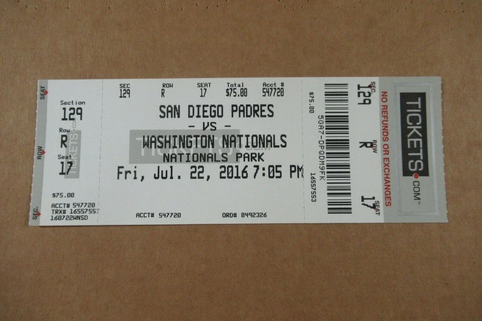 Boleto completo de los Nacionales de Washington vs Padres 22/07/2016 ~ Matt Kemp (2 horas) Foto 1 de 1