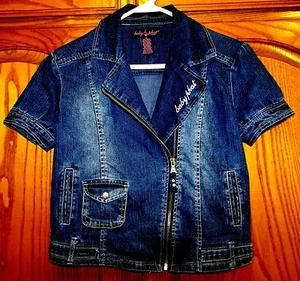 BABY PHAT YTH GIRL SZ XL ASSYMETRICAL PUFFY SLEEVE DENIM JACKET W RHINESTONE CAT - Picture 1 of 7