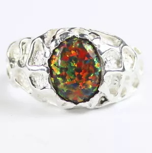 CREATED BLACK OPAL Sterling Silver Men's Ring -Handmade • SR168 - Picture 1 of 5