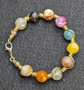 Colorful 12mm Mixed Gemstone ChunkyBeaded Wire Wrapped Bracelet (17cm) S/M Wrist - Picture 1 of 10