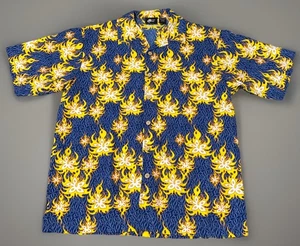 Vintage Street Culture Hawaiian Button Up Blue Yellow Flame Shirt Polyester L - Picture 1 of 6