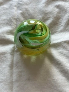 Beautiful Green Opal Art Swirl Hand Blown Round Paperweight Marked On Bottom - Picture 1 of 12