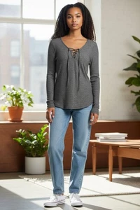 Boho grau V-Ausschnitt Strick Top Langarm Gr. M gekreuzte Träger am Ausschnitt  - Bild 1 von 5