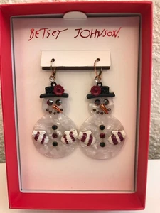 NWT Betsey Johnson Festive Snowman Hook Earrings with Black and Red Crystals - Picture 1 of 5