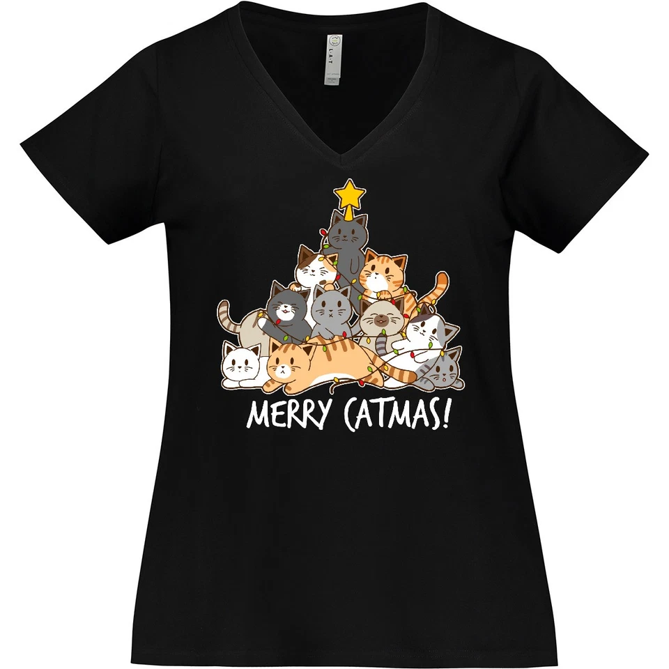 Inktastic Merry Catmas With Cat Tree And Yellow Star Women's Plus Size V-Neck I - Image 1 of 1