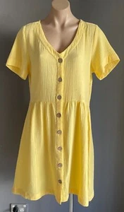 ROCKMANS Yellow Short Sleeve Dress Size 12 Cotton Button Front Knee Length - Picture 1 of 7