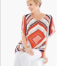 Chico’s Travelers Women’s Sz S/M Scarf Printed Top Geometric Print Split Sleeve - Picture 1 of 6