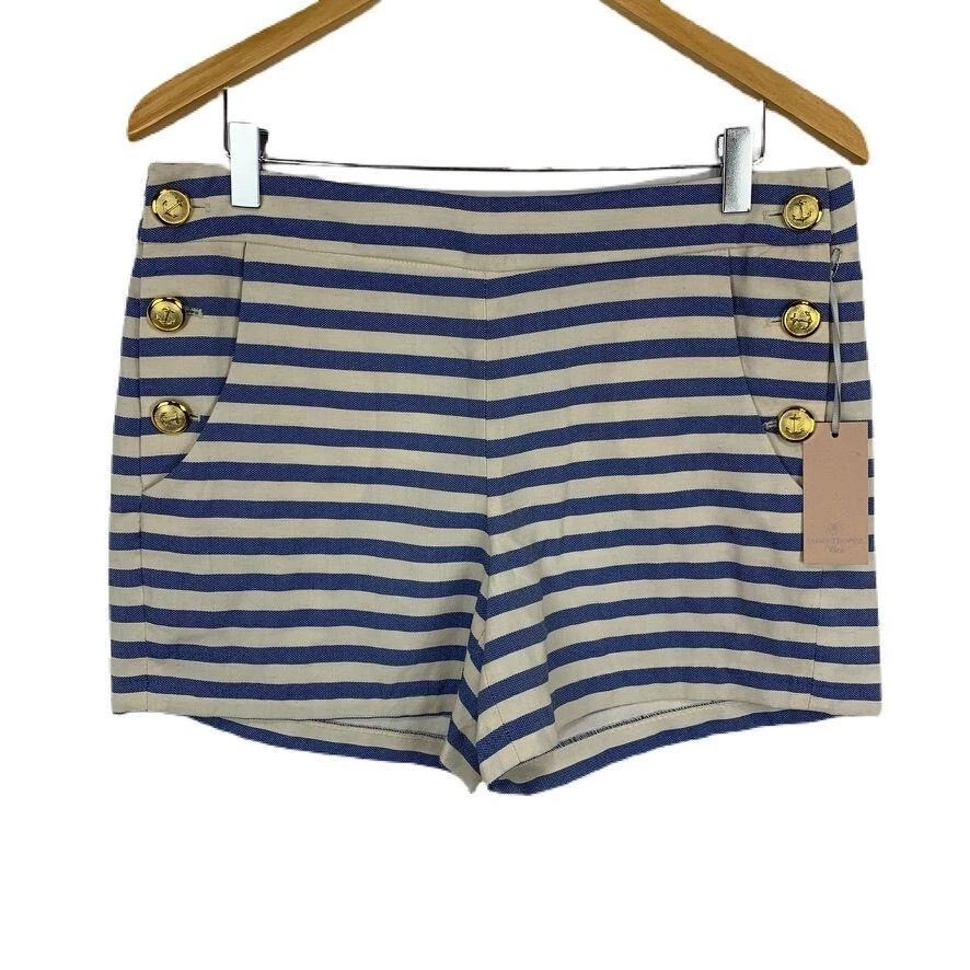 Bermuda listrada náutica Saint Tropez West botões de cintura alta linho âncora algodão - Imagem 1 de 4