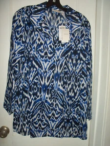 WOMENS CHICO'S 3/4 SLEEVE BUTTON DOWN BLOUSE BLUE & WHITE PRINT SHIRT SIZE 3 NWT - Picture 1 of 9