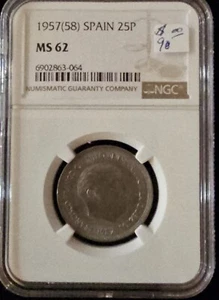 SPAIN 25 Pesetas 1957 (58) NGC MS62 - Picture 1 of 2