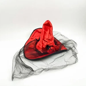 Red Silk & Feather Halloween Witch Hat with Veil Costume Witches Hats for Women - Picture 1 of 7