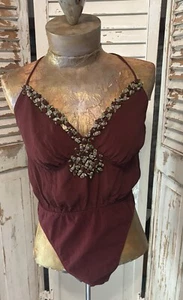 Vintage Bonnie Strauss Neckholder-Top TANGA WEINROT SEIDE ROSE Applikation Größe 10 - Bild 1 von 10