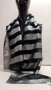 Oscar De La Renta Evening Wear Scarf Silver Metallic Black Stripes Lurex Lamé - Picture 1 of 14