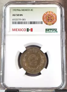 1927 MEXICO 2 CENTAVOS 2C NGC AU 58 BN SCARCE BEAUTIFUL COIN - Picture 1 of 3