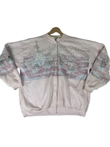 VTG Artisans Sunschein PINK Winter Snow Bunnies AOP Button Sweatshirt L-XL RARE - Picture 1 of 17